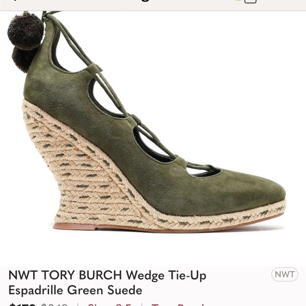 New Tory Burch suede green espadrille wedges.